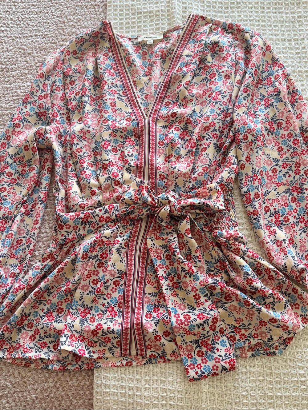 Women’s Max Studio white Floral blouse with Pink and Blue Accents